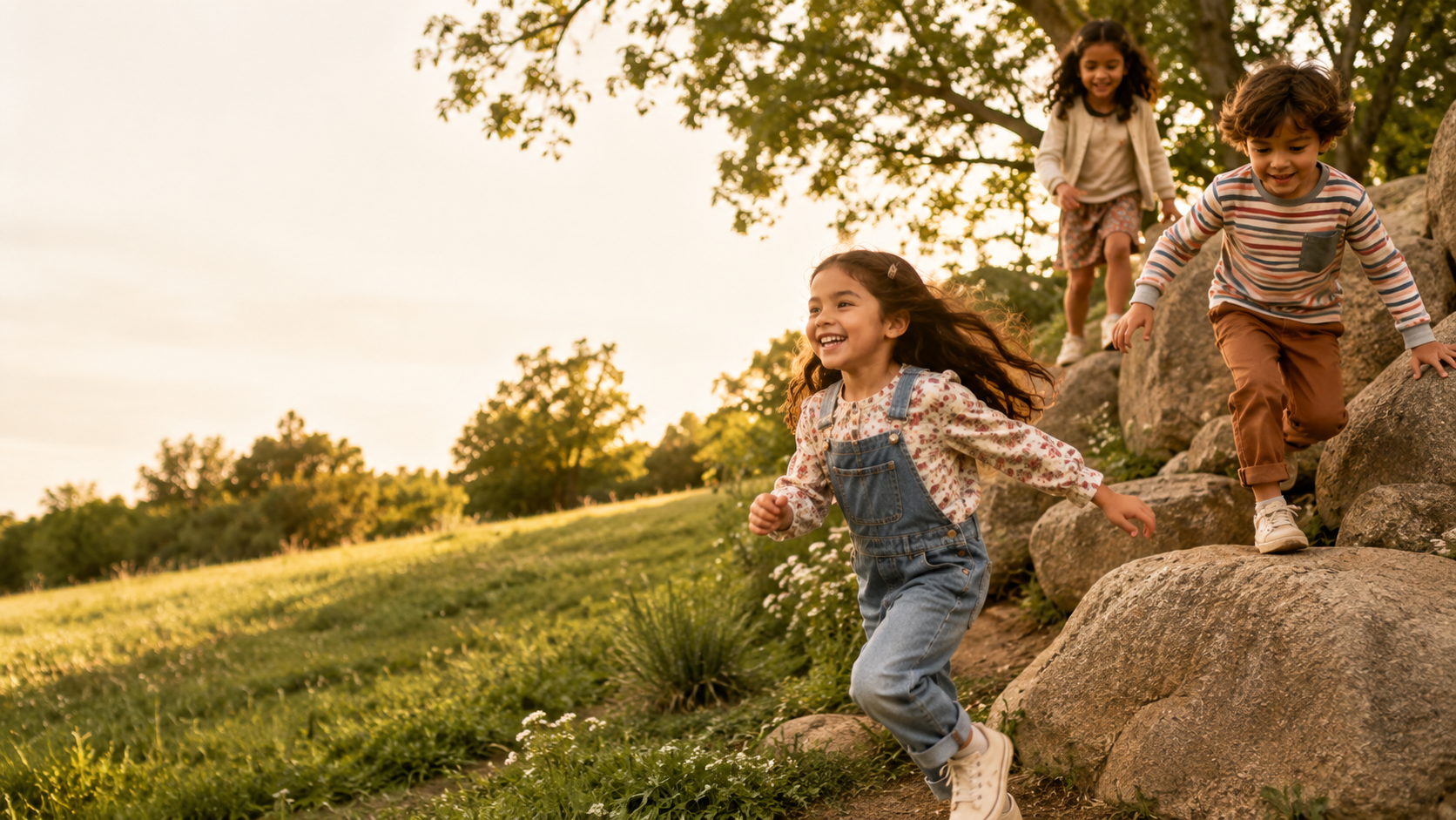 Kids playing outdoors in thrifted clothing