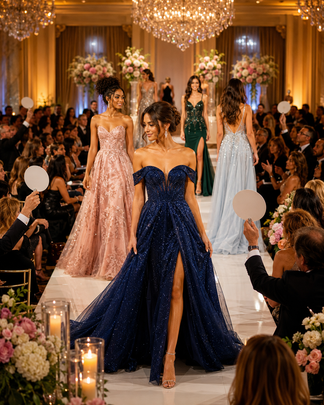 Models in graduation gowns walking a chandelier-lit runway